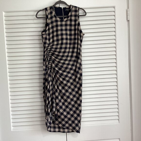 James Perse “Spiral” wool & linen blend ruched dress In navy/linen size S - Picture 2 of 16